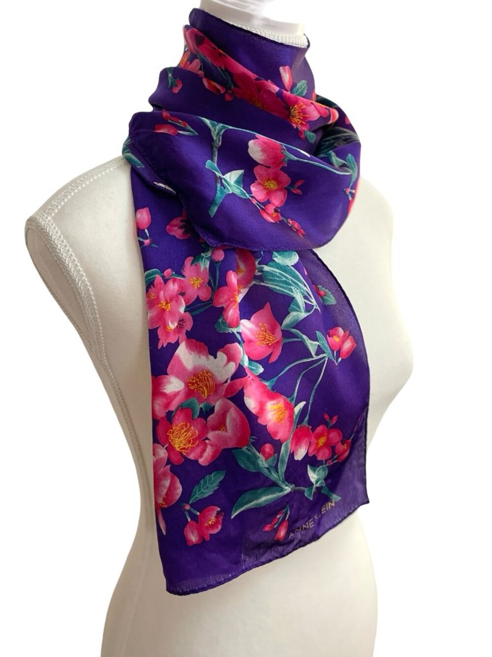 Anne Klein Floral Silk Feel Oblong Scarf Purple Pink Botanical 11 x 50 - Picture 7 of 8